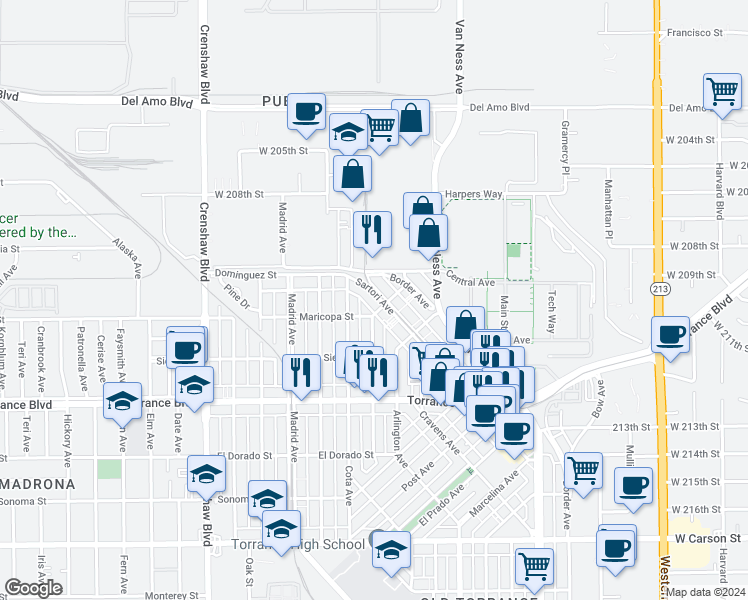 map of restaurants, bars, coffee shops, grocery stores, and more near 639 Sartori Avenue in Torrance