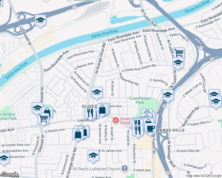 map of restaurants, bars, coffee shops, grocery stores, and more near 3019 North Skywood Street in Orange