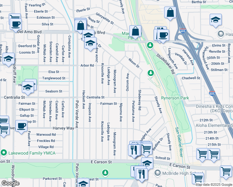 map of restaurants, bars, coffee shops, grocery stores, and more near 4512 Monogram Avenue in Lakewood