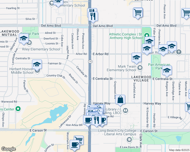 map of restaurants, bars, coffee shops, grocery stores, and more near 4509 Pepperwood Avenue in Long Beach