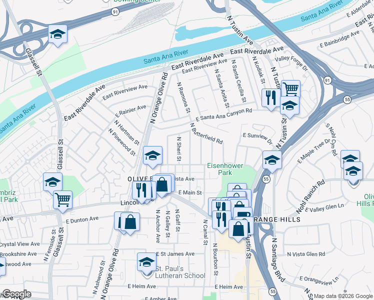 map of restaurants, bars, coffee shops, grocery stores, and more near 3018 North Fairbairn Street in Orange
