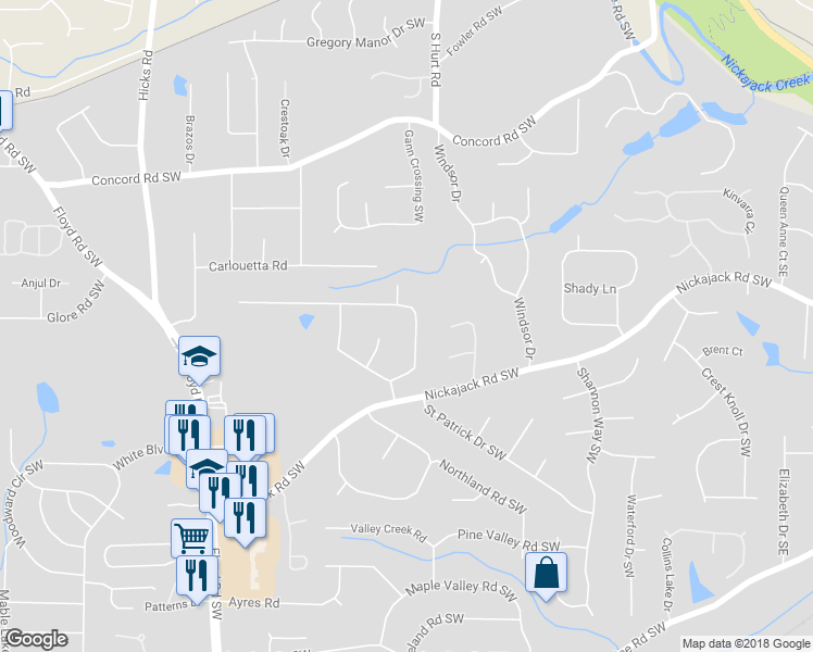 map of restaurants, bars, coffee shops, grocery stores, and more near 541 Benson Hurst Drive Southwest in Mableton