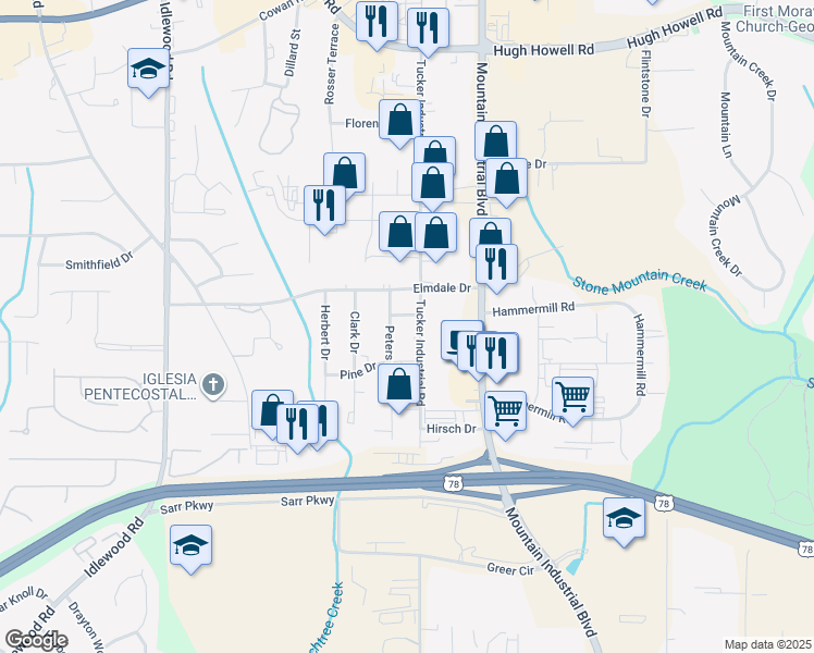 map of restaurants, bars, coffee shops, grocery stores, and more near 1941 Tucker Industrial Road in Tucker