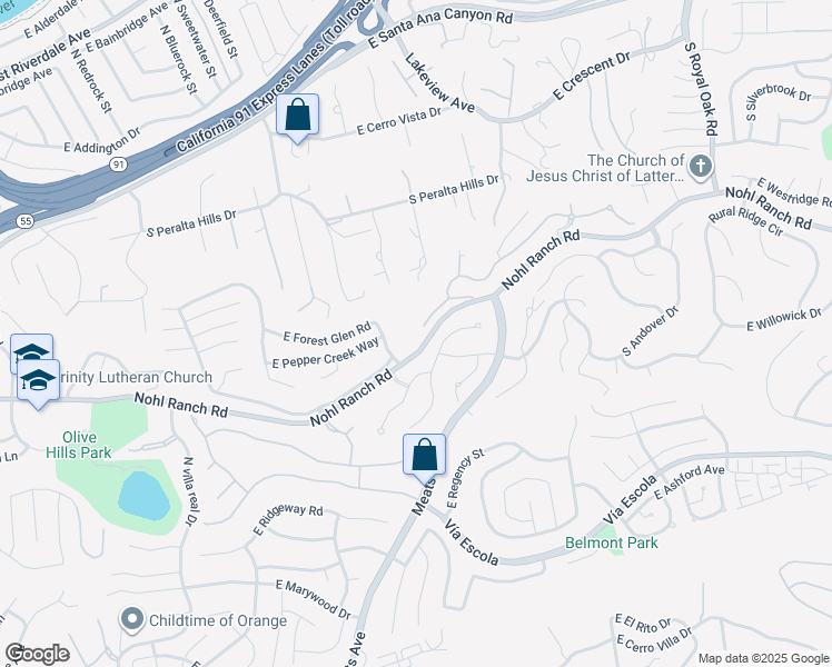 map of restaurants, bars, coffee shops, grocery stores, and more near 4711 East Copa De Oro Drive in Anaheim