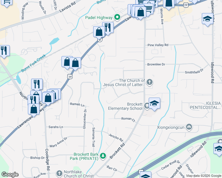 map of restaurants, bars, coffee shops, grocery stores, and more near 1950 Brocken Way in Tucker
