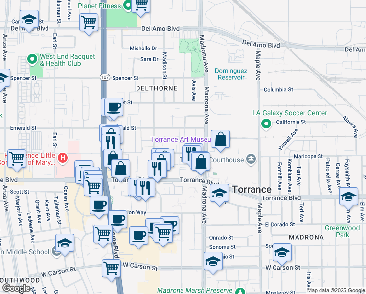 map of restaurants, bars, coffee shops, grocery stores, and more near 3477 Maricopa Street in Torrance