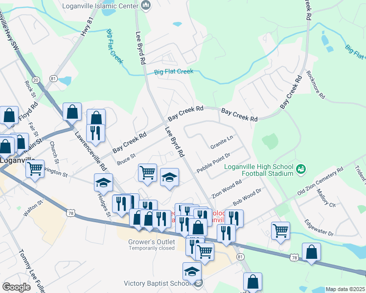 map of restaurants, bars, coffee shops, grocery stores, and more near 511 Lee Byrd Road in Loganville