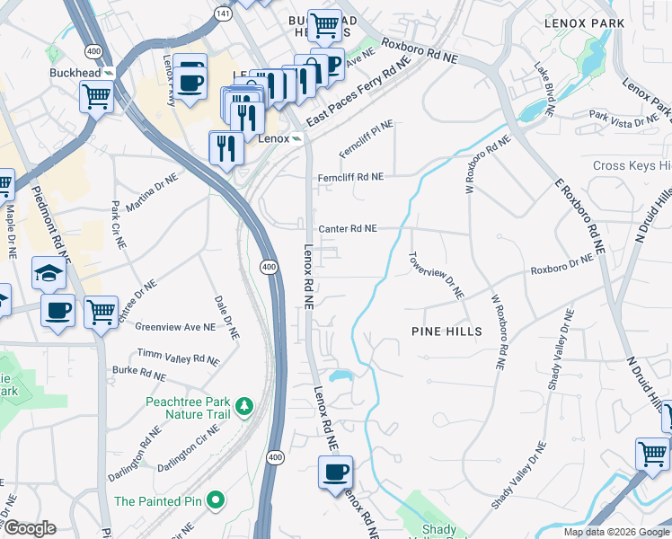 map of restaurants, bars, coffee shops, grocery stores, and more near 940 Crane Road Northeast in Atlanta