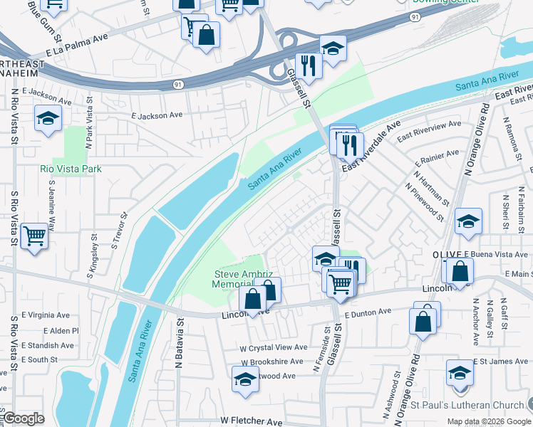map of restaurants, bars, coffee shops, grocery stores, and more near 303 Tulip Tree Avenue in Orange