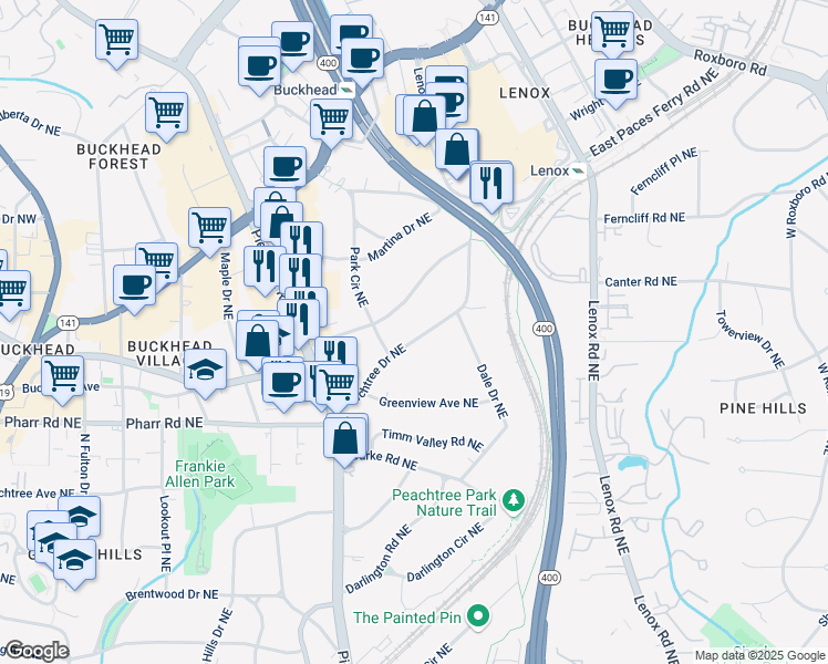 map of restaurants, bars, coffee shops, grocery stores, and more near 3114 Peachtree Drive Northeast in Atlanta
