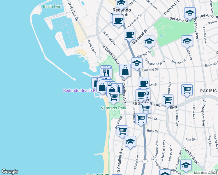 map of restaurants, bars, coffee shops, grocery stores, and more near 109 West Torrance Boulevard in Redondo Beach
