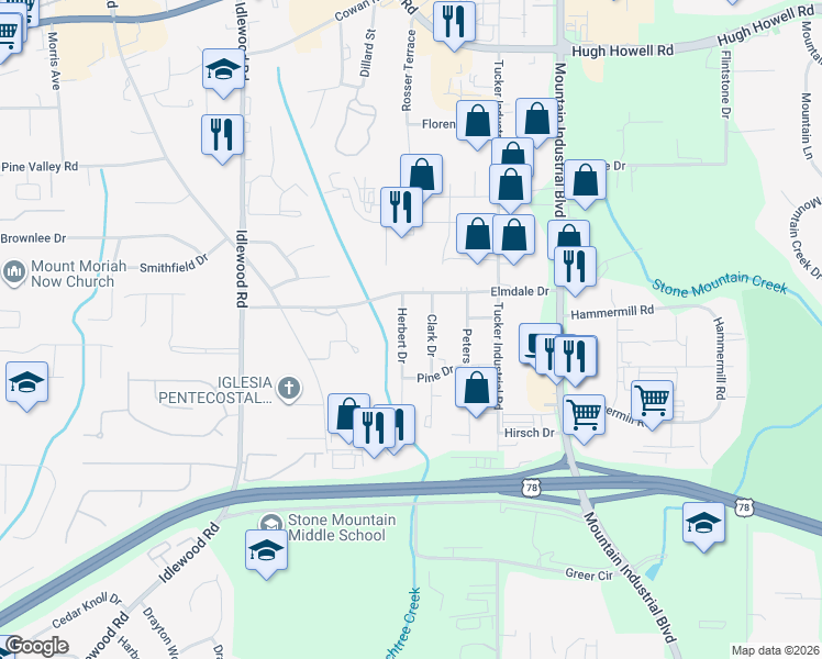 map of restaurants, bars, coffee shops, grocery stores, and more near 1945 Herbert Drive in Tucker