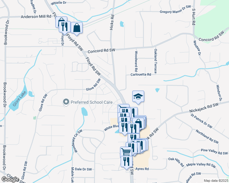 map of restaurants, bars, coffee shops, grocery stores, and more near 4692 Floyd Road Southwest in Mableton