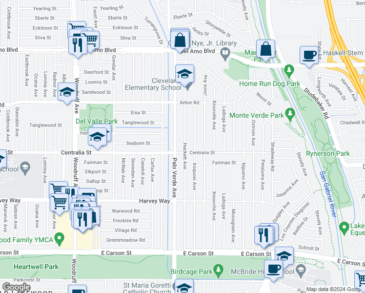 map of restaurants, bars, coffee shops, grocery stores, and more near 4513 Hackett Avenue in Lakewood