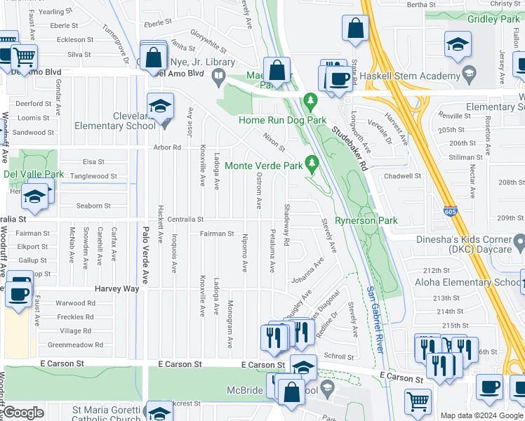 map of restaurants, bars, coffee shops, grocery stores, and more near 4512 Ostrom Avenue in Lakewood