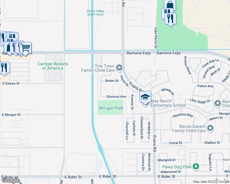 map of restaurants, bars, coffee shops, grocery stores, and more near 3699 Solandra Street in Perris
