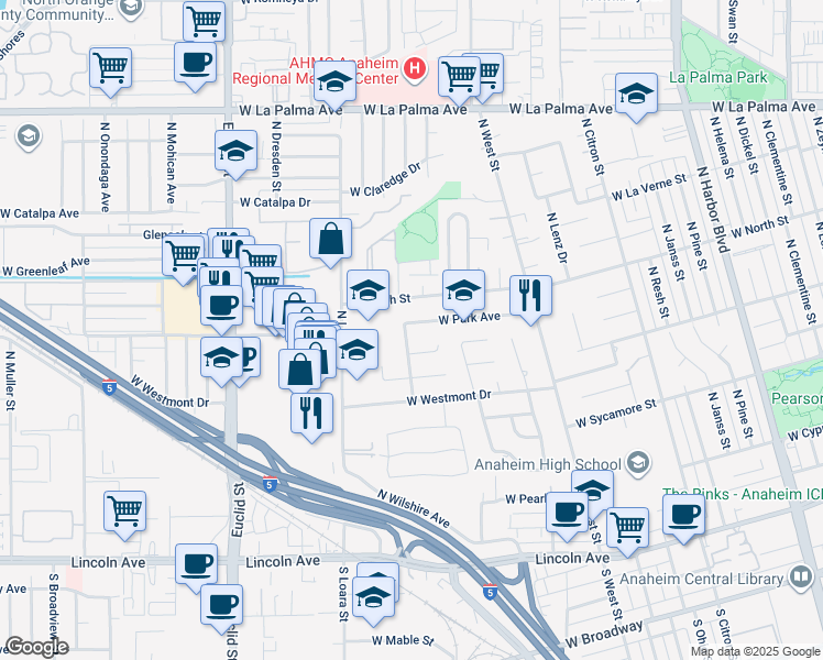 map of restaurants, bars, coffee shops, grocery stores, and more near 1444 West Park Avenue in Anaheim