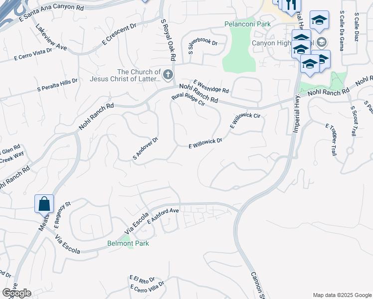 map of restaurants, bars, coffee shops, grocery stores, and more near 5344 East Willowick Drive in Anaheim