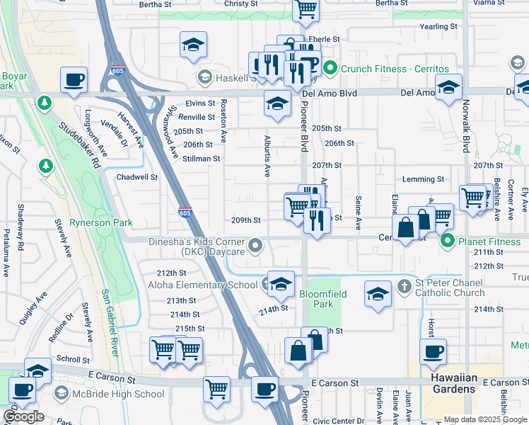 map of restaurants, bars, coffee shops, grocery stores, and more near 20849 Alburtis Avenue in Lakewood