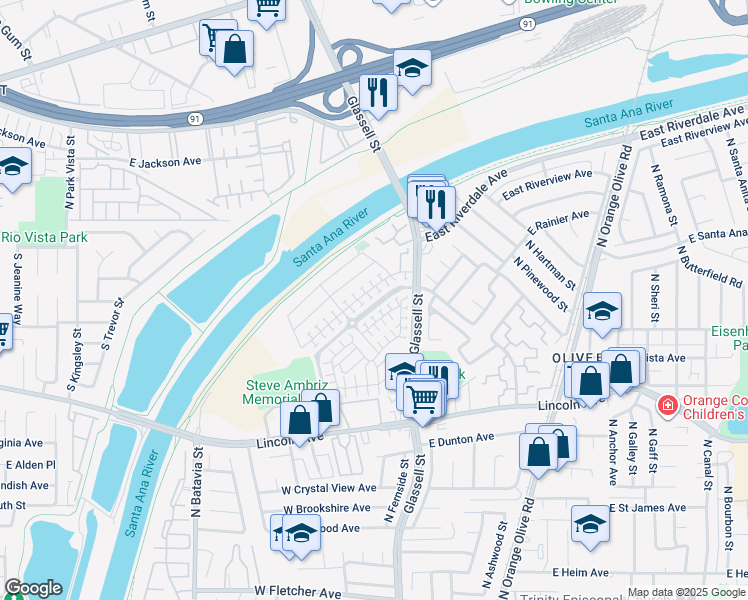 map of restaurants, bars, coffee shops, grocery stores, and more near 252 West Pebble Creek Lane in Orange