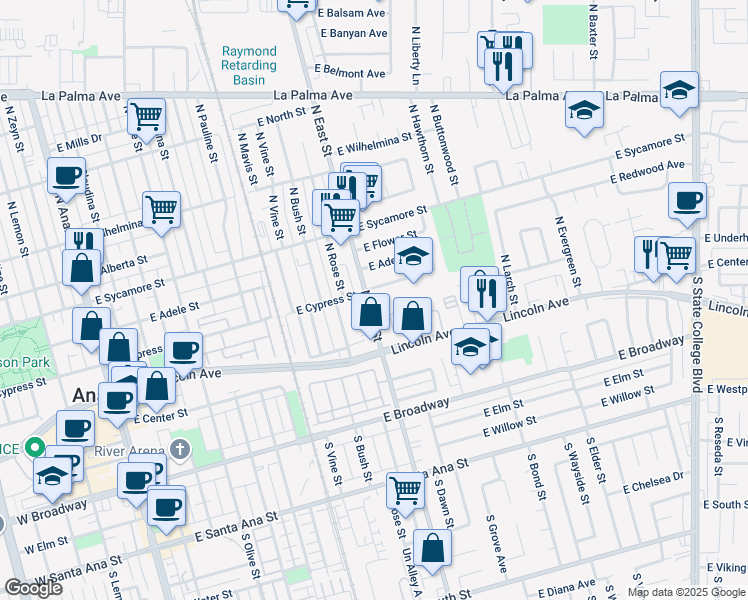 map of restaurants, bars, coffee shops, grocery stores, and more near 210 North East Street in Anaheim