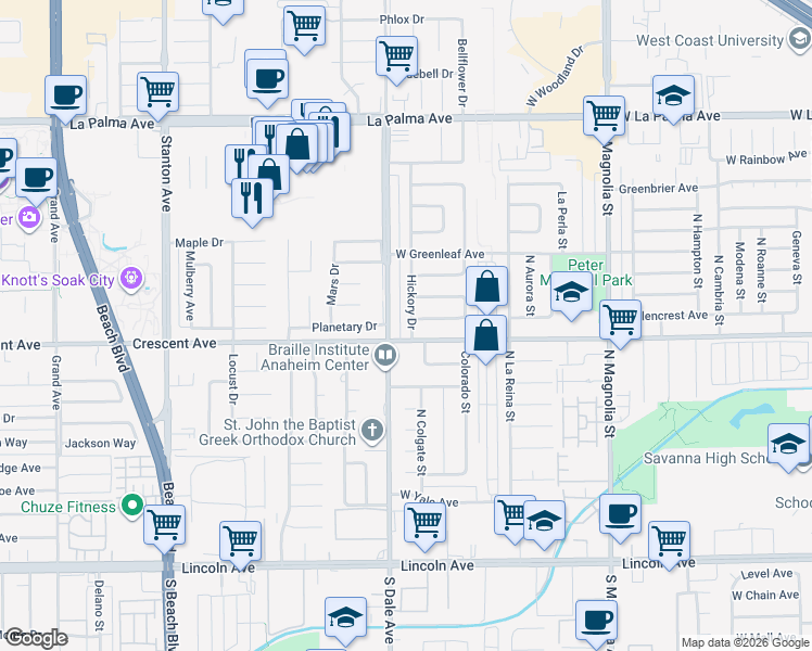 map of restaurants, bars, coffee shops, grocery stores, and more near 8475 Hickory Drive in Buena Park