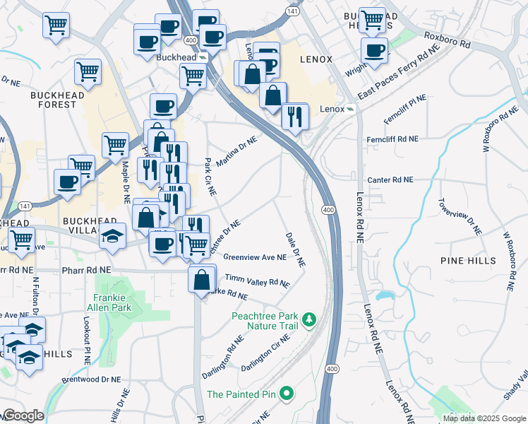 map of restaurants, bars, coffee shops, grocery stores, and more near 3125 Peachtree Drive Northeast in Atlanta