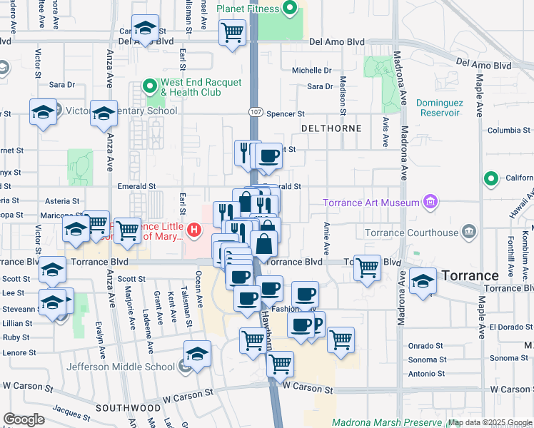 map of restaurants, bars, coffee shops, grocery stores, and more near 20912 Hawthorne Boulevard in Torrance