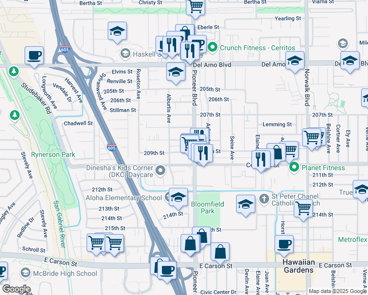 map of restaurants, bars, coffee shops, grocery stores, and more near 11737 209th Street in Lakewood