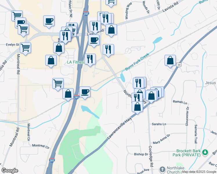 map of restaurants, bars, coffee shops, grocery stores, and more near 1935 Cameo Court in Tucker