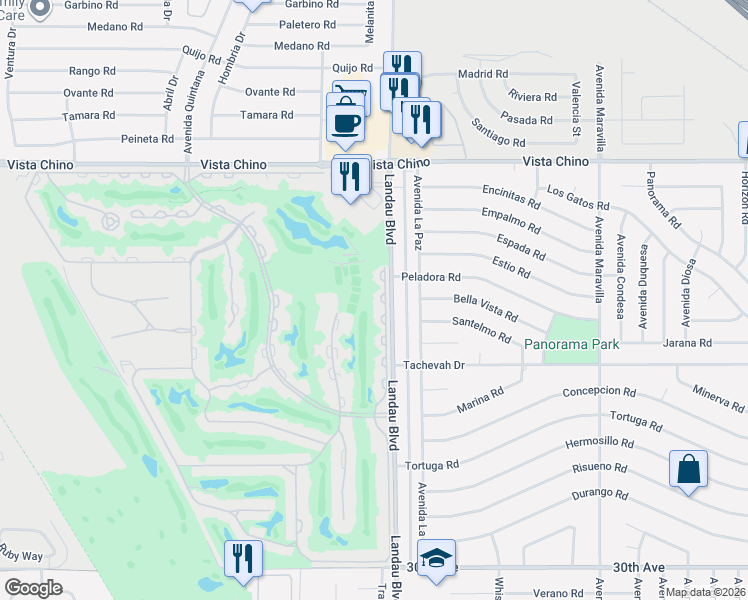 map of restaurants, bars, coffee shops, grocery stores, and more near 28763 East Portales Drive in Cathedral City