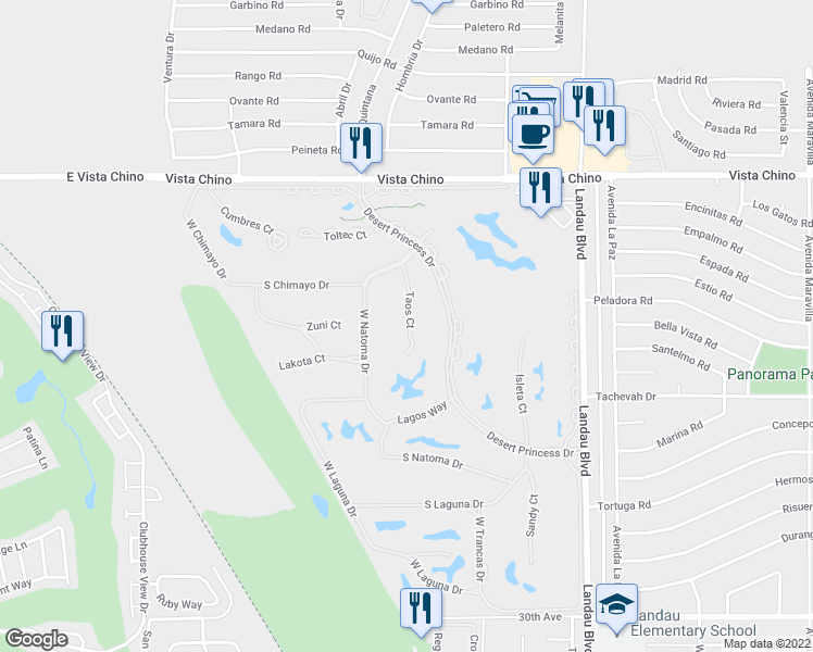 map of restaurants, bars, coffee shops, grocery stores, and more near 28613 Taos Court in Cathedral City