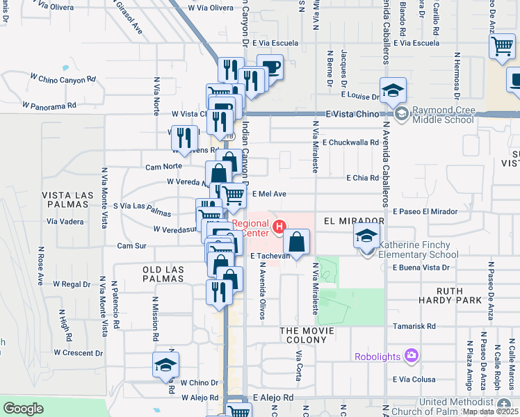 map of restaurants, bars, coffee shops, grocery stores, and more near 291 East Mel Avenue in Palm Springs