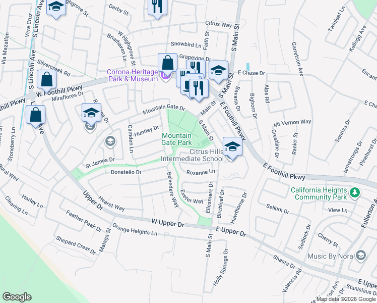map of restaurants, bars, coffee shops, grocery stores, and more near 323 Lydia Lane in Corona
