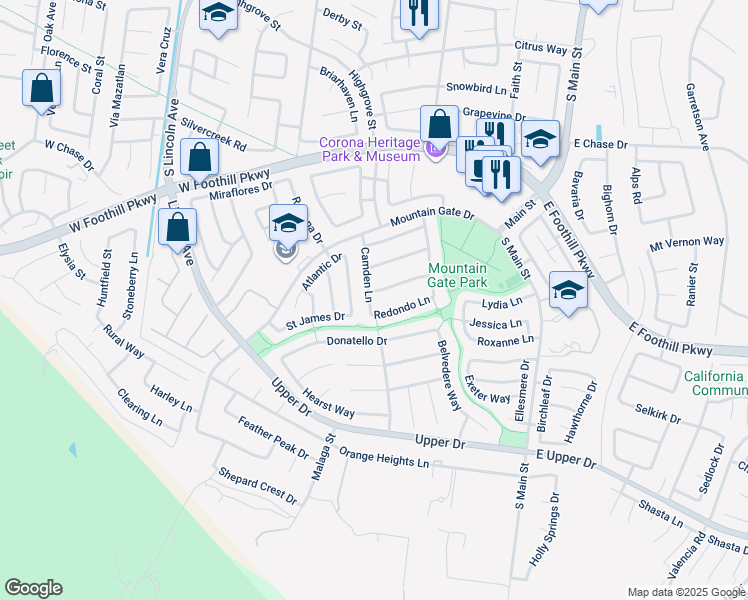 map of restaurants, bars, coffee shops, grocery stores, and more near 720 Bundy Way in Corona