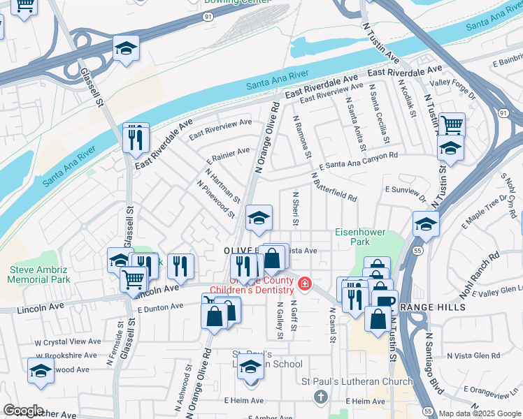 map of restaurants, bars, coffee shops, grocery stores, and more near 3038 North Magnolia Avenue in Orange