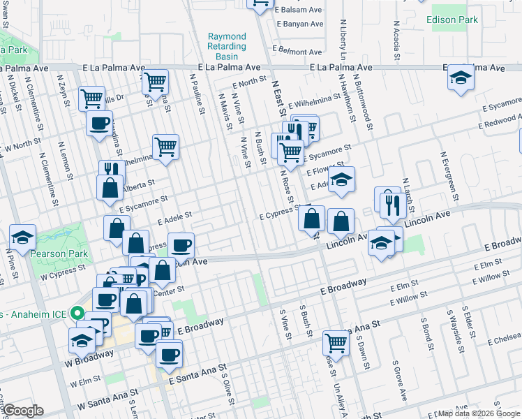 map of restaurants, bars, coffee shops, grocery stores, and more near 306 North Vine Street in Anaheim