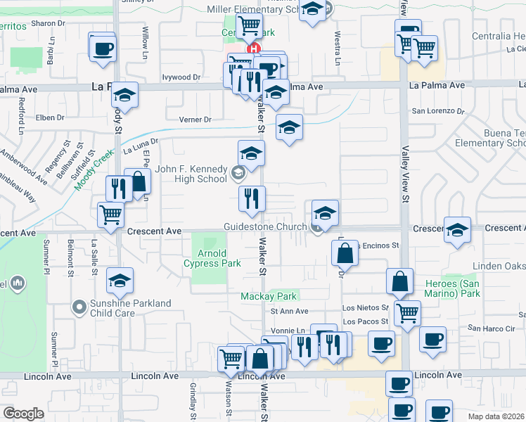 map of restaurants, bars, coffee shops, grocery stores, and more near 8410 Walker Street in La Palma