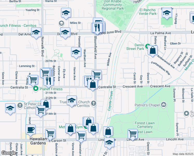 map of restaurants, bars, coffee shops, grocery stores, and more near 20909 Bloomfield Avenue in Lakewood