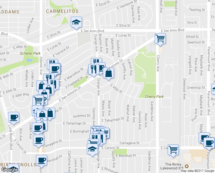 map of restaurants, bars, coffee shops, grocery stores, and more near 4495 East Goldfield Avenue in Long Beach