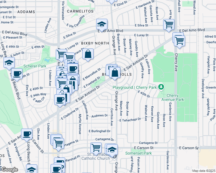 map of restaurants, bars, coffee shops, grocery stores, and more near 4459 Le Park Drive in Long Beach
