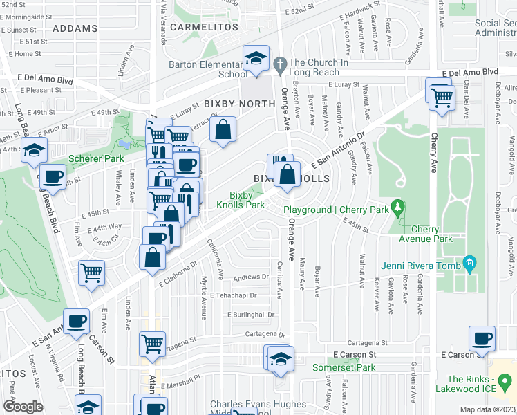 map of restaurants, bars, coffee shops, grocery stores, and more near 1082 East San Antonio Drive in Long Beach