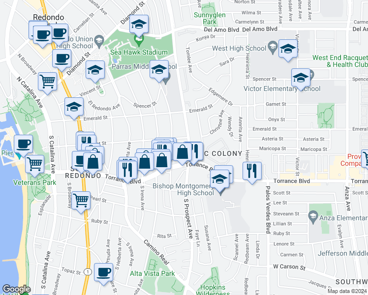 map of restaurants, bars, coffee shops, grocery stores, and more near 210 South Lucia Avenue in Redondo Beach