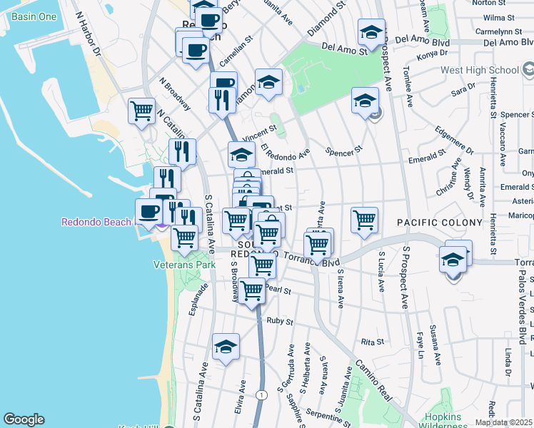 map of restaurants, bars, coffee shops, grocery stores, and more near 201 Camino Real in Redondo Beach