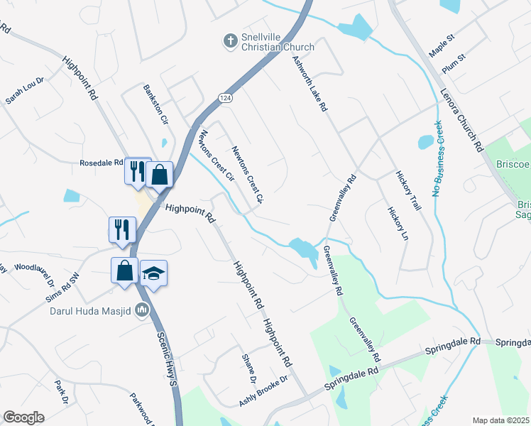 map of restaurants, bars, coffee shops, grocery stores, and more near 3402 Newtons Crest Circle in Snellville