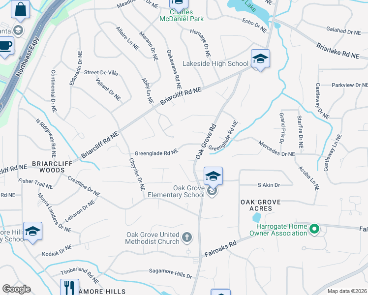 map of restaurants, bars, coffee shops, grocery stores, and more near 2401 Greenglade Road Northeast in Atlanta