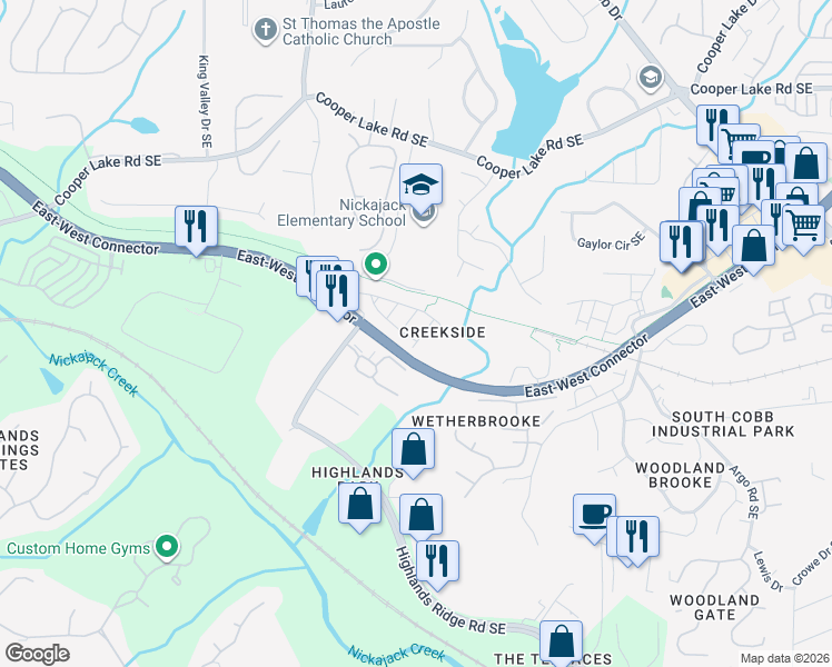 map of restaurants, bars, coffee shops, grocery stores, and more near 414 Creekview Trail Southeast in Smyrna