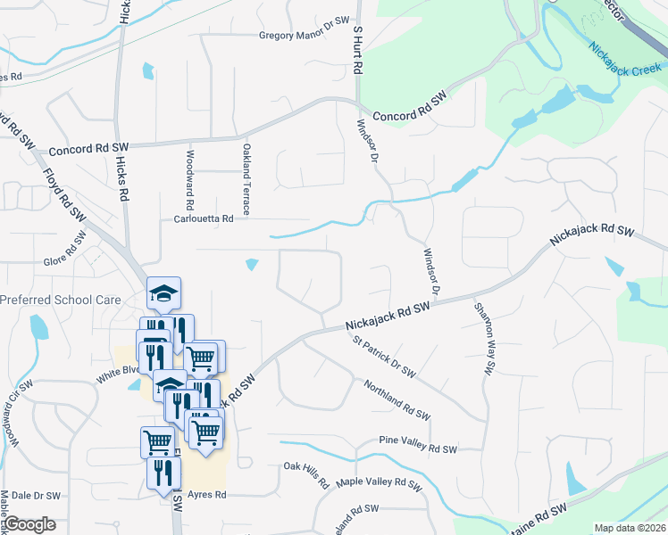 map of restaurants, bars, coffee shops, grocery stores, and more near 541 Benson Hurst Drive Southwest in Mableton