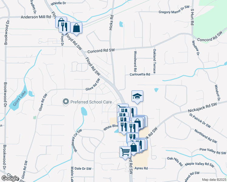 map of restaurants, bars, coffee shops, grocery stores, and more near 4692 Floyd Road Southwest in Mableton