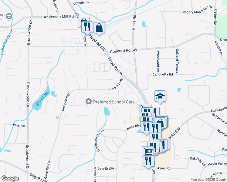 map of restaurants, bars, coffee shops, grocery stores, and more near 876 Ironhorse Lane Southwest in Mableton